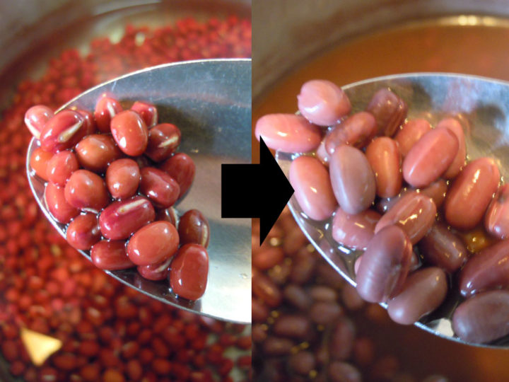 生の小豆と戻した小豆の比較